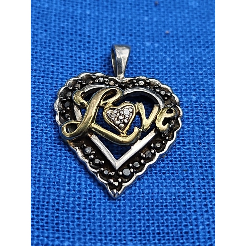 Zales Sterling Silver Heart Pendant LOVE Spell Out Black Diamond 1" Vintage - Picture 5 of 6